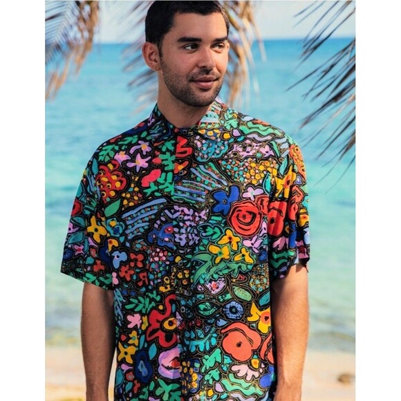 JAMS WORLD RARE! MONTAGE Collection SzXL 60 Years Vibrant Floral Retro S/S Shirt - Picture 1 of 7